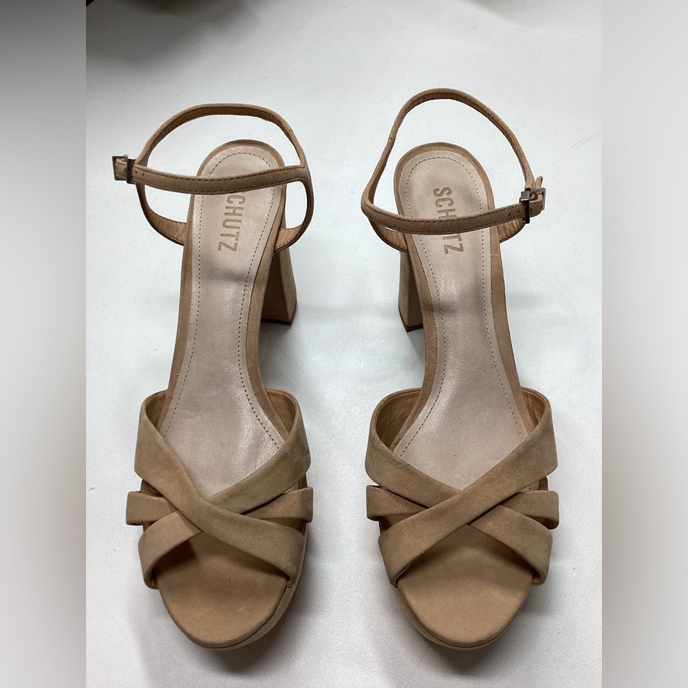 Schutz Keefa Nubuck Platform Ankle Strap Block Heel Sandals Size 11 - Picture 2 of 16